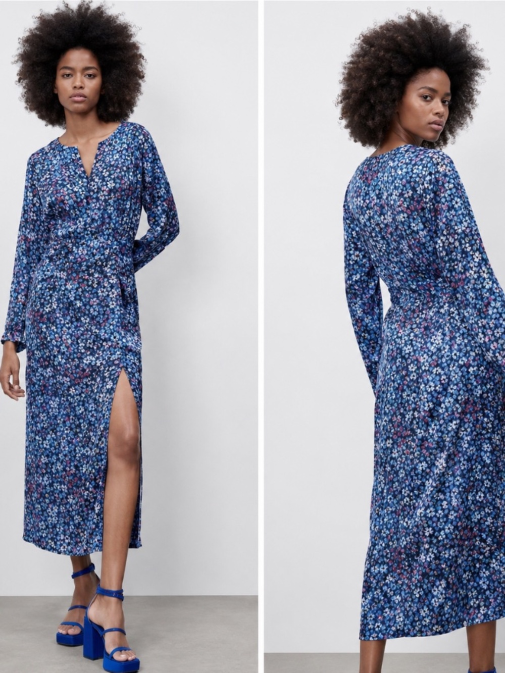 Zara Womens Blue Floral Midi Dress Long Sleeve Side Slit Stretch Size Medium